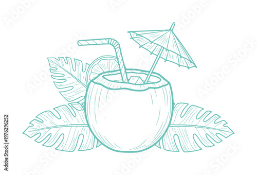 Hand drawn tropical coconut drink with straw and umbrella surrounded by leaves