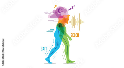 Human body diagram showing gait speech and sleep isolated on white background