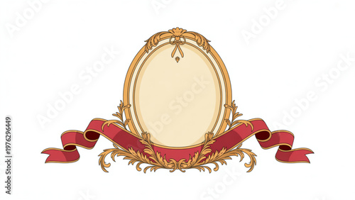 Elegant gold oval frame with decorative red ribbon and floral accents Vector