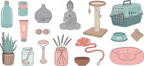 Wellness, Pet, and Home Lifestyle Collection with Cat Accessories, Aromatherapy, Skincare, and Decorative Self Care Elements for Cozy Design Projects