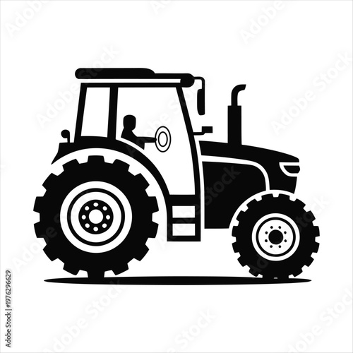 A bold black and white silhouette of a farming tractor with a driver inside on a clean white background