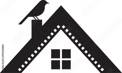 Black silhouette house roof bird sitting chimney film strip window