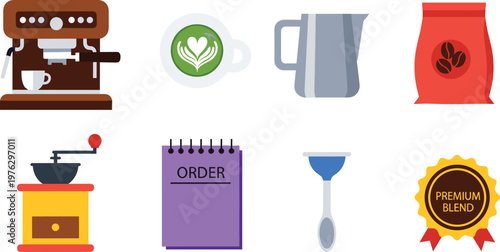 Coffee Brewing and Ordering Vector Icon Set Featuring Espresso Machine, Coffee Beans, Grinder, Order Pad, and Premium Blend Symbols for Websites, Apps, and Digital Media