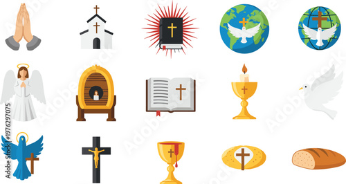 Vector Set of Religious Symbols, Including Cross, Angel, Church, Holy Book, and Dove for Christian Faith Illustrations