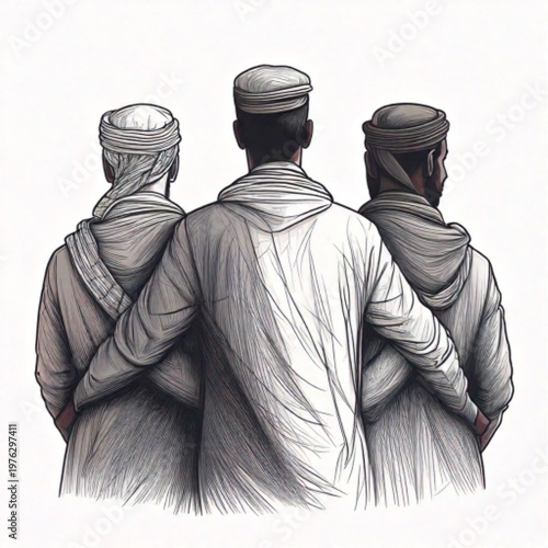 Three friends embracing each other from behind.