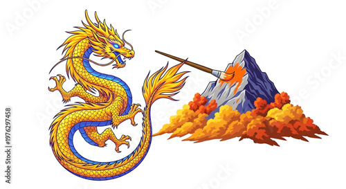 A vibrant dragon illustration breathing fire at a mountain peak in a dynamic vector graphic design