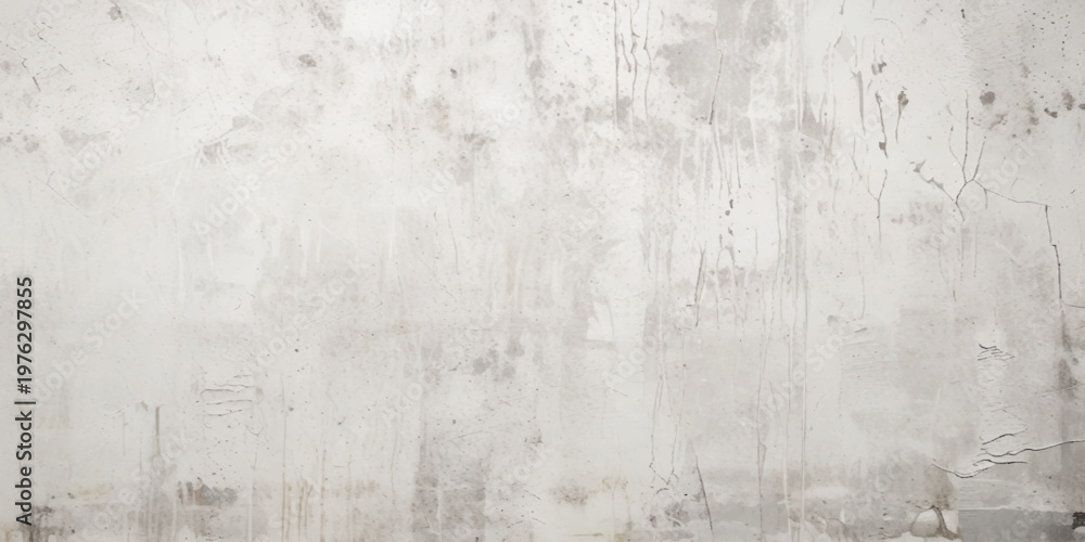 Fototapeta premium Weathered White Plaster Wall with Cracks and Peeling Paint Light Gray Concrete Texture with Subtle Grunge Patterns for Abstract Urban Background Design.