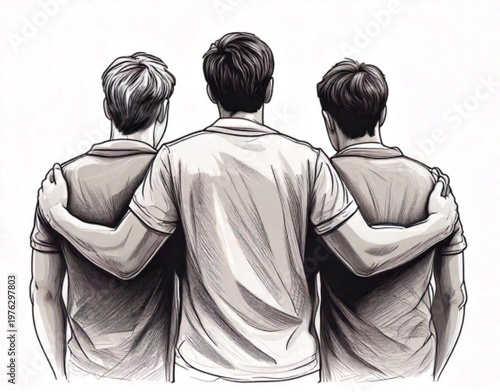 Three men standing together with arms around shoulders.