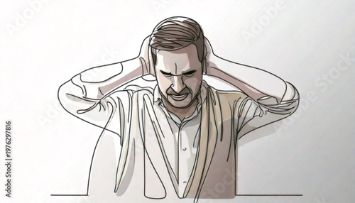 Man Covering Ears Frustrated Expression Stress Overload.