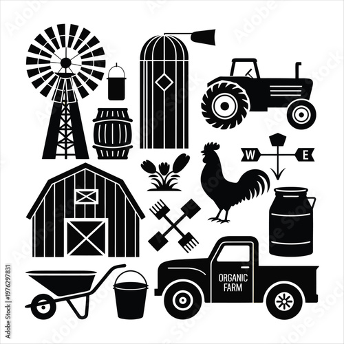 A collection of black silhouette farm related objects and agricultural elements on white