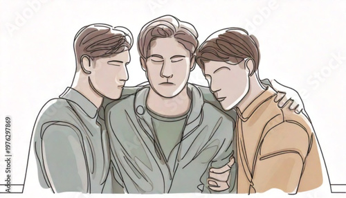 Three young men embracing each other in a close group.