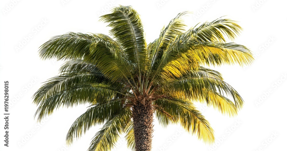 Obraz premium The Palm Tree Crown Against Bright White Background Evoking Tropical Summer Breeze