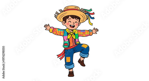 A boy in colorful clothes wearing a straw hat and dancing happily