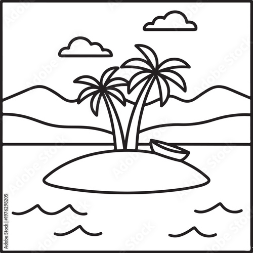 minimalist tropical island with palm tree and clouds 
