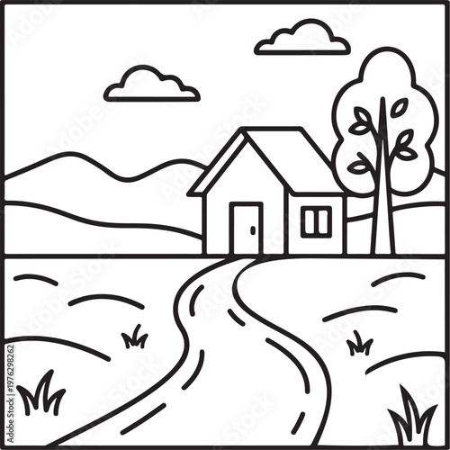 hand-drawn cozy countryside house with windy road and clouds illustration