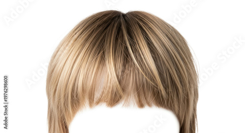 Close-up of blonde hair with highlights and bangs isolated on white background.