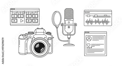 Black and white illustration of a digital recording studio setup.