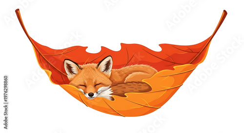 A cute fox sleeps peacefully on a vibrant orange leaf in a serene natural setting.