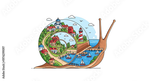 A colorful vector illustration of a snail carrying a scenic coastal town on its shell