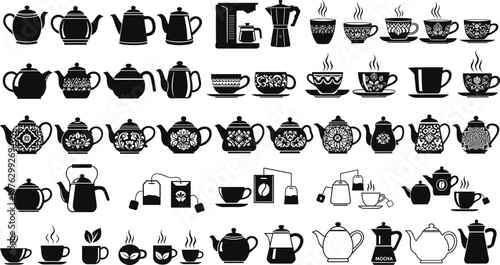 Vector Set of Teapots, Coffee Makers, Cups, and Tea Bags with Floral Patterns for Tea, Coffee, and Beverage Illustrations