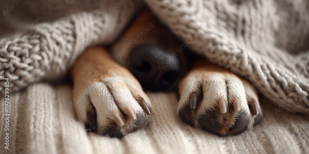 Obraz premium The dog paws and nose peeking out from a cozy knitted blanket