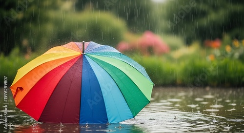A vibrant rainbow umbrella resting on a wet wooden deck during a light afternoon rain shower. april showers umbrella 
