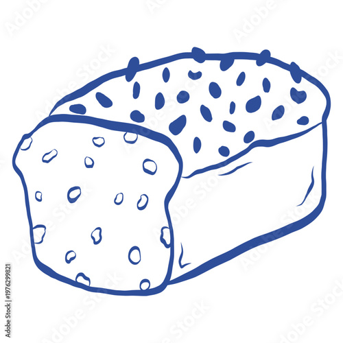 Hand drawn vector illustration of whole grain bread loaf with seeds, minimalist blue line art icon of healthy organic bakery product isolated.