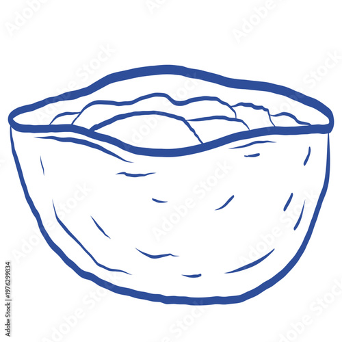 Minimalist blue line art illustration of pita bread pocket, bowl for middle eastern food menu design, vector sketch 