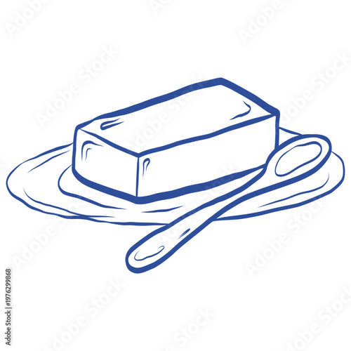 Vector Illustration of a Butter Dish with a Stick of Fresh Butter and a Spoon, Minimalist Blue Line Art Style