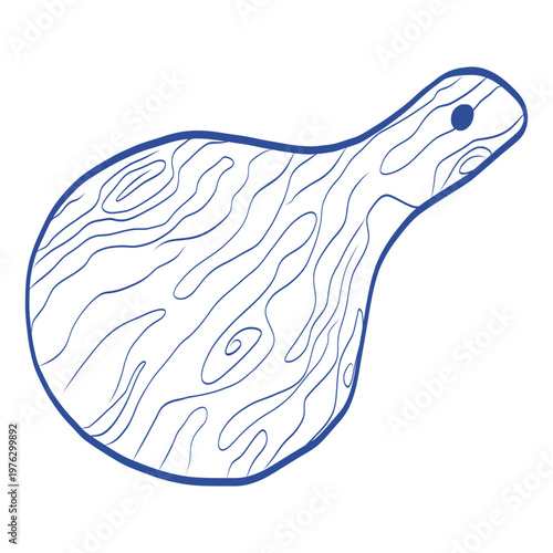 Blue line art wooden cutting board vector illustration. Hand drawn organic shape kitchen paddle board with wood grain texture. Isolated kitchenware element.