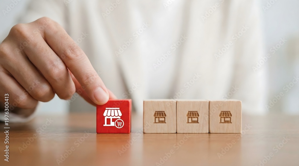 Naklejka premium Business Retail Chain Development with Wooden Shop Blocks