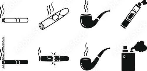 Vintage smoking tools collection cigarettes pipes and lighters in black and white