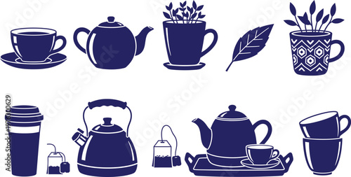 Blue and white porcelain tea and coffee set illustration