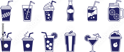 Title collection of vintage style drink illustrations in blue tones description a grid of twelve blue toned illustrations depicting various beverages in retro glasses