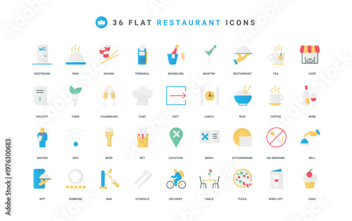 Restaurant and bar, food delivery, meals and wine menu, cutlery color icon set. Call waiter with bell, lunch order in mobile app, cafe location and warning signs flat elements vector illustration