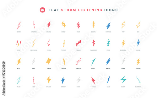 Quadro su tela A dynamic collection of flat icons showcasing lightning bolts, storm symbols, and energy visuals