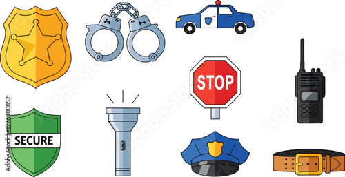 Police and Security Vector Icon Set Featuring Shield, Handcuffs, Car, Radio, Flashlight, Stop Sign, and Officer Accessories for Websites, Apps, and Digital Media