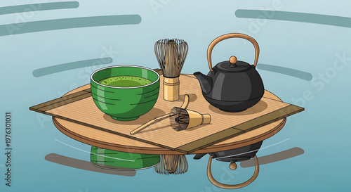A serene vector illustration of a traditional Japanese tea set on a floating tray