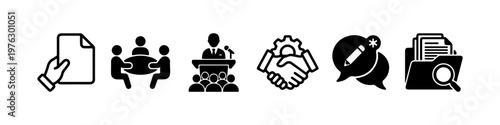 A set of solid black silhouette icons representing corporate business processes, official documentation, and professional communication.