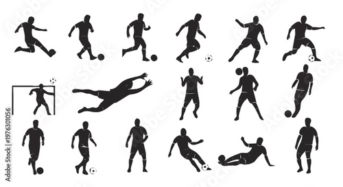 set de icones de jogador de futebol em diferentes poses isolado em fundo branco conceito esportivo