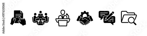 A set of solid black silhouette icons representing corporate business processes, official documentation, and professional communication.
