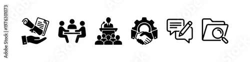 A set of solid black silhouette icons representing corporate business processes, official documentation, and professional communication.
