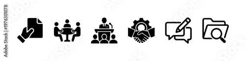A set of solid black silhouette icons representing corporate business processes, official documentation, and professional communication.
