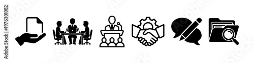 A set of solid black silhouette icons representing corporate business processes, official documentation, and professional communication.