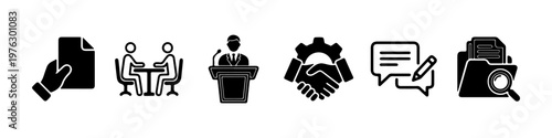 A set of solid black silhouette icons representing corporate business processes, official documentation, and professional communication.