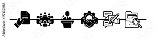 A set of solid black silhouette icons representing corporate business processes, official documentation, and professional communication.