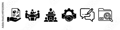 A set of solid black silhouette icons representing corporate business processes, official documentation, and professional communication.