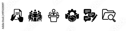 A set of solid black silhouette icons representing corporate business processes, official documentation, and professional communication.