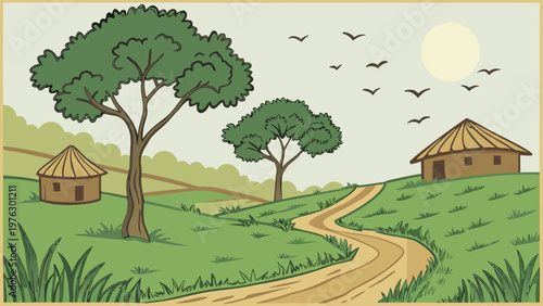 Vector rural landscape, African village scene, thatched hut homes, green hills, dirt road