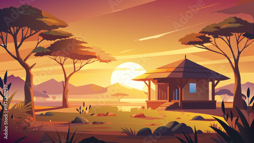 African savannah landscape, sunset scenery, vector illustration, safari background